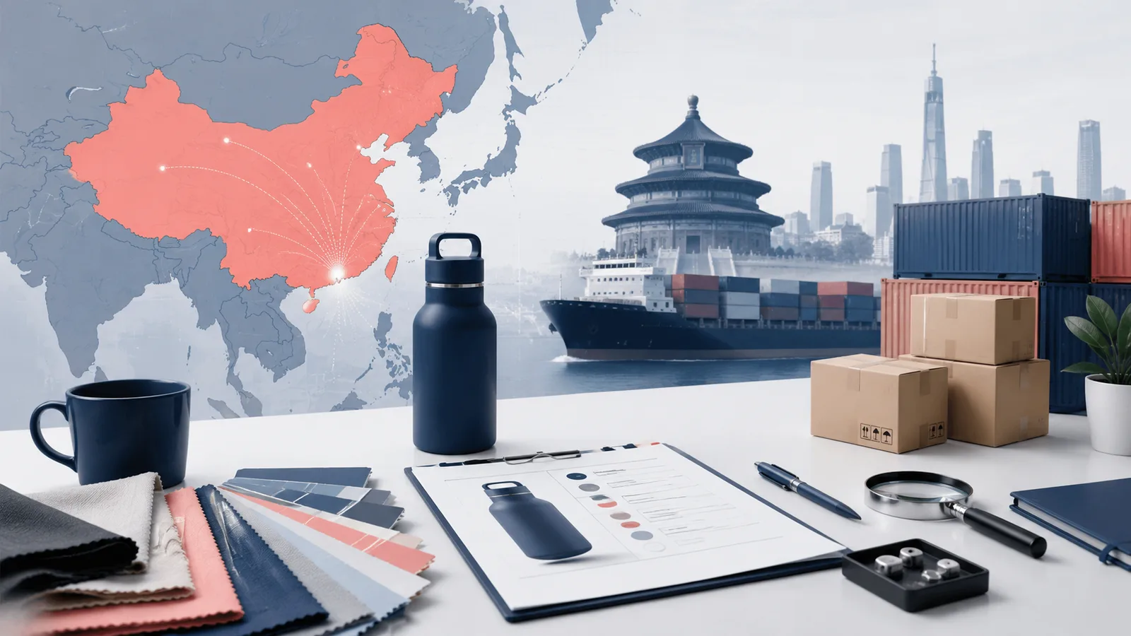 China product sourcing planning with samples, shipping containers and supplier documentation