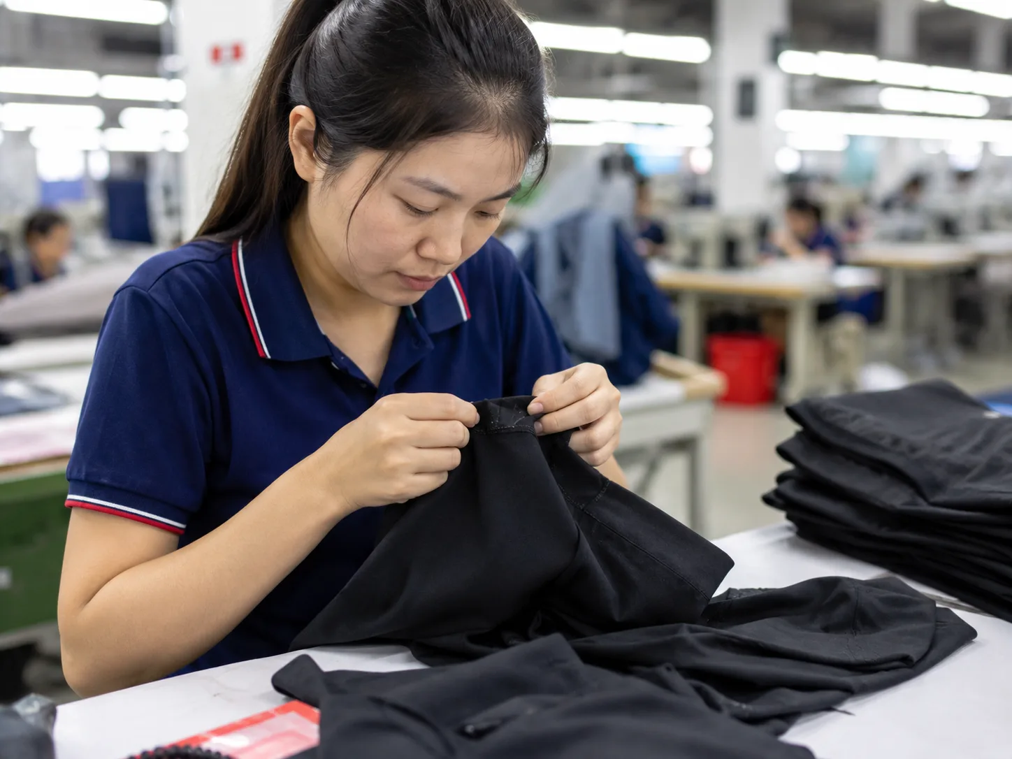 Illustrative garment quality inspection at a clothing workshop in China